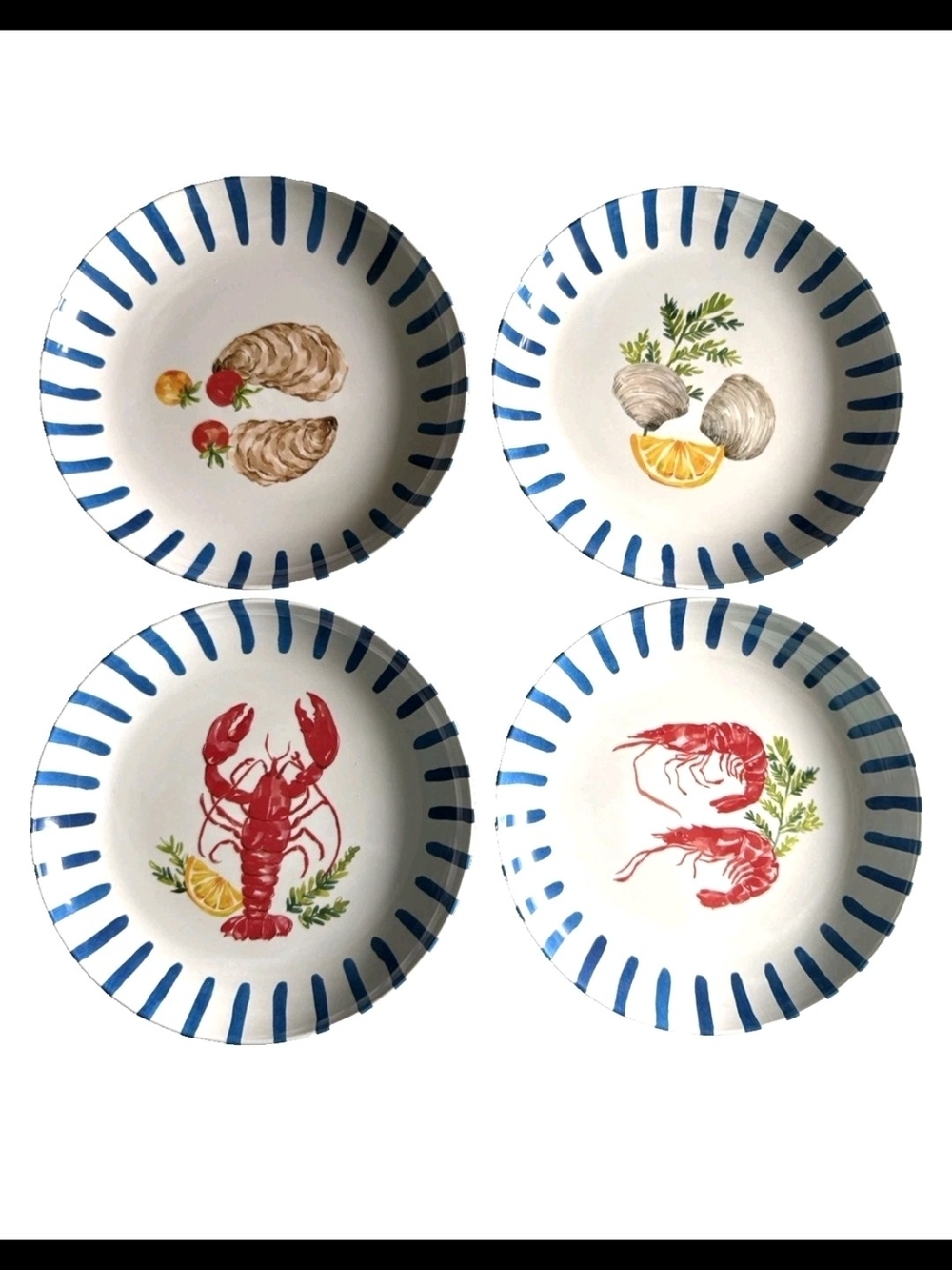 Coastal Seafood Melamine Salad Plates - Blue Stripe (Set of 4)